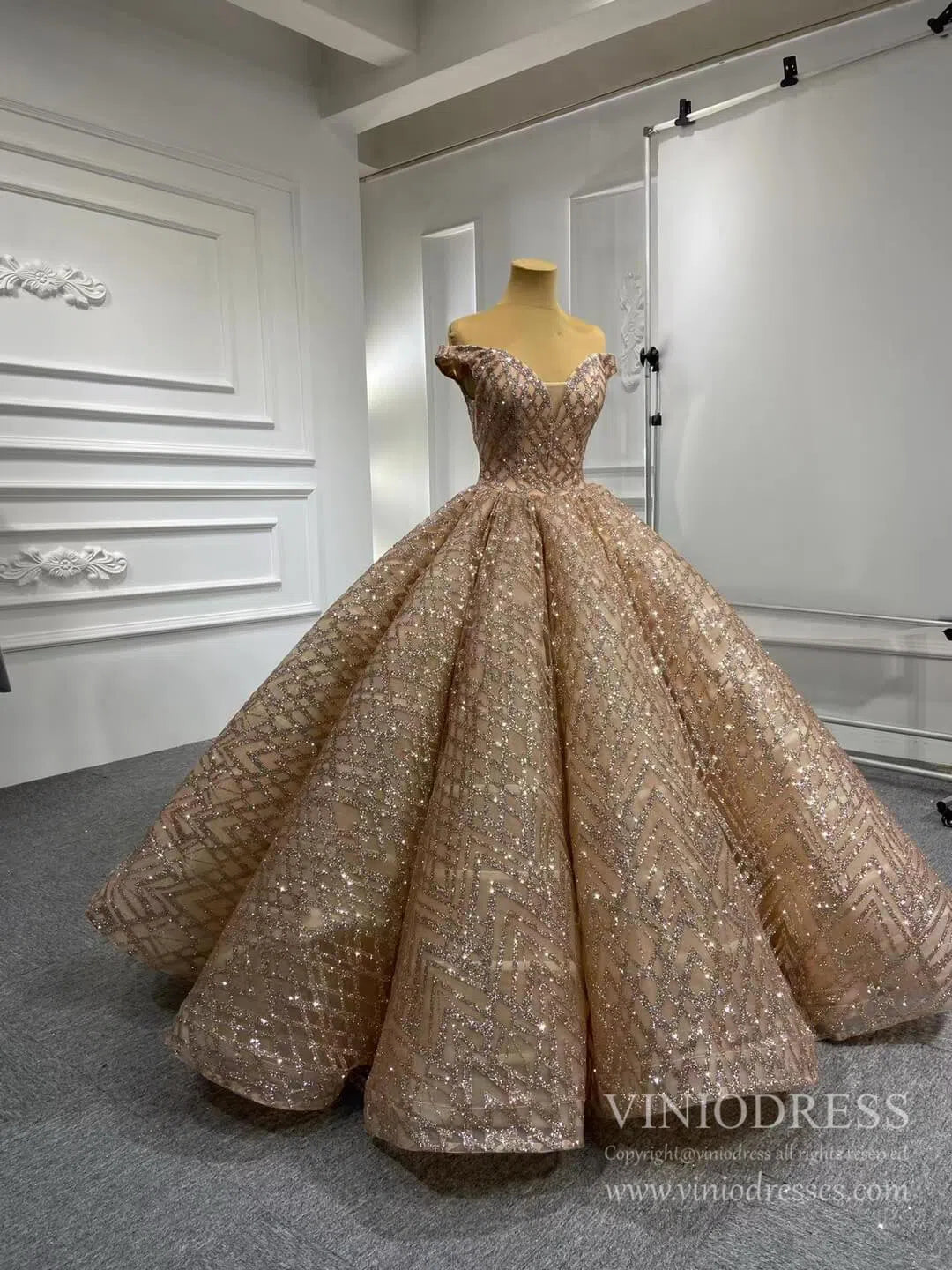 Sparkling Gold Ball Gown Prom Dresses Off Shoulder Quinceañera Dress viniodress-prom dresses 2025 -Viniodress-Please Add Cart Note-Rose Gold-US 2