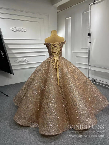 Sparkling Gold Ball Gown Prom Dresses Off Shoulder Quinceañera Dress viniodress-prom dresses 2025 -Viniodress-Please Add Cart Note-Rose Gold-US 2