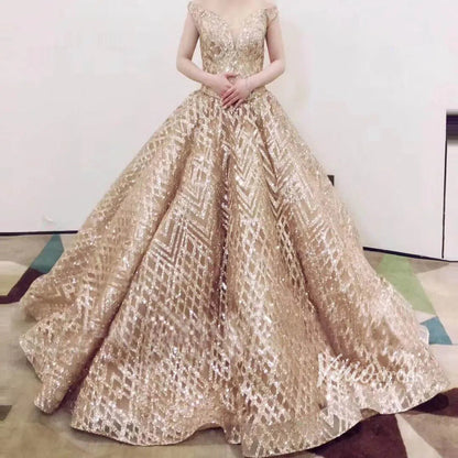 Sparkling Gold Ball Gown Prom Dresses Off Shoulder Quinceañera Dress viniodress-prom dresses 2025 -Viniodress-Please Add Cart Note-Rose Gold-US 2