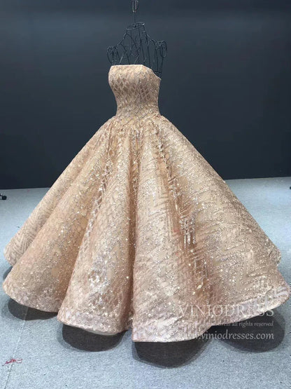 Sparkling Gold Ball Gown Prom Dresses Off Shoulder Quinceañera Dress viniodress-prom dresses 2025 -Viniodress-Please Add Cart Note-Rose Gold-US 2
