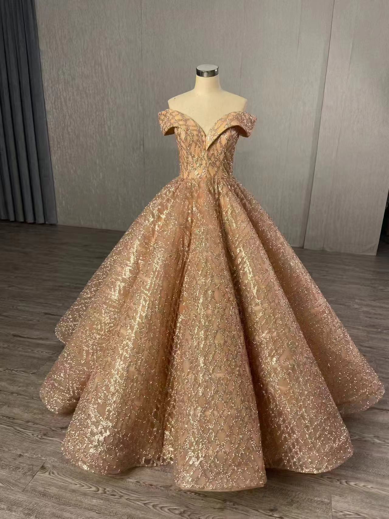 Sparkling Gold Ball Gown Prom Dresses Off Shoulder Quinceañera Dress viniodress-prom dresses 2025 -Viniodress-Please Add Cart Note-Rose Gold-US 2
