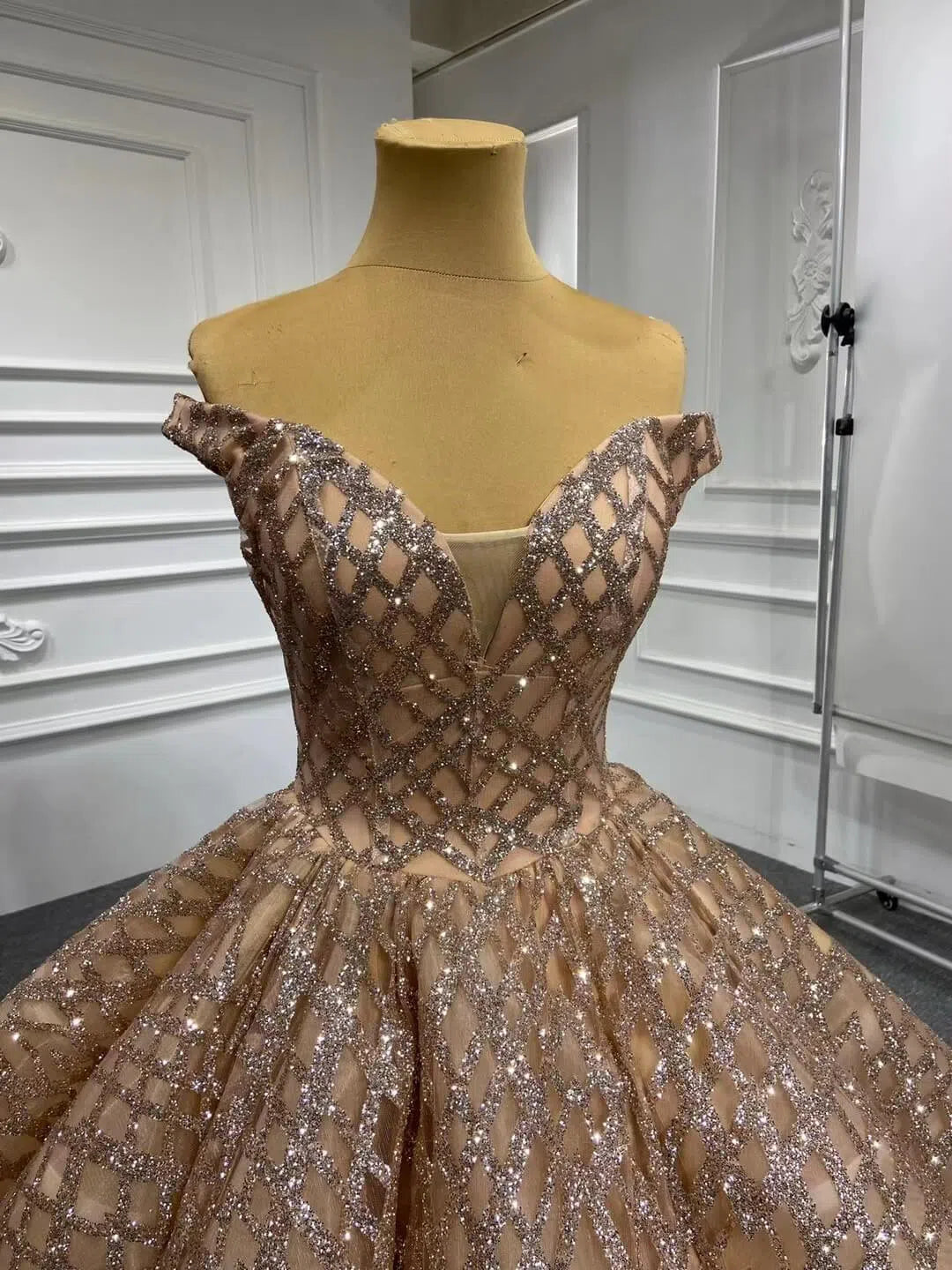 Prom Dress 2025 Sparkling Gold Ball Gown Prom Dresses Off Shoulder Quinceañera Dress viniodress-unique prom dresses-Off Shoulder-Rose Gold-US 2-Viniodress