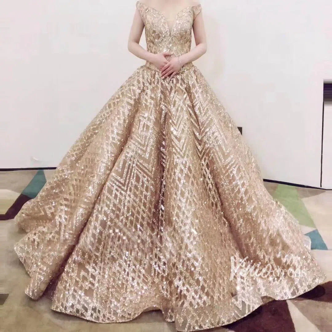 Sparkling Gold Ball Gown Prom Dresses Off Shoulder Quinceañera Dress viniodress-prom dresses-Viniodress-Viniodress