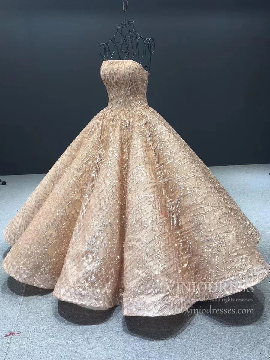 Sparkling Gold Ball Gown Prom Dresses Off Shoulder Quinceañera Dress viniodress-prom dresses-Viniodress-Viniodress