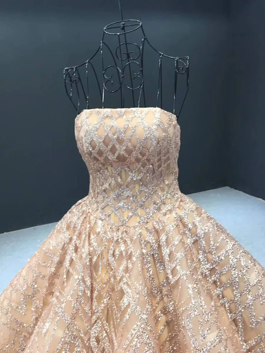 Sparkling Gold Ball Gown Prom Dresses Off Shoulder Quinceañera Dress viniodress-prom dresses-Viniodress-Viniodress