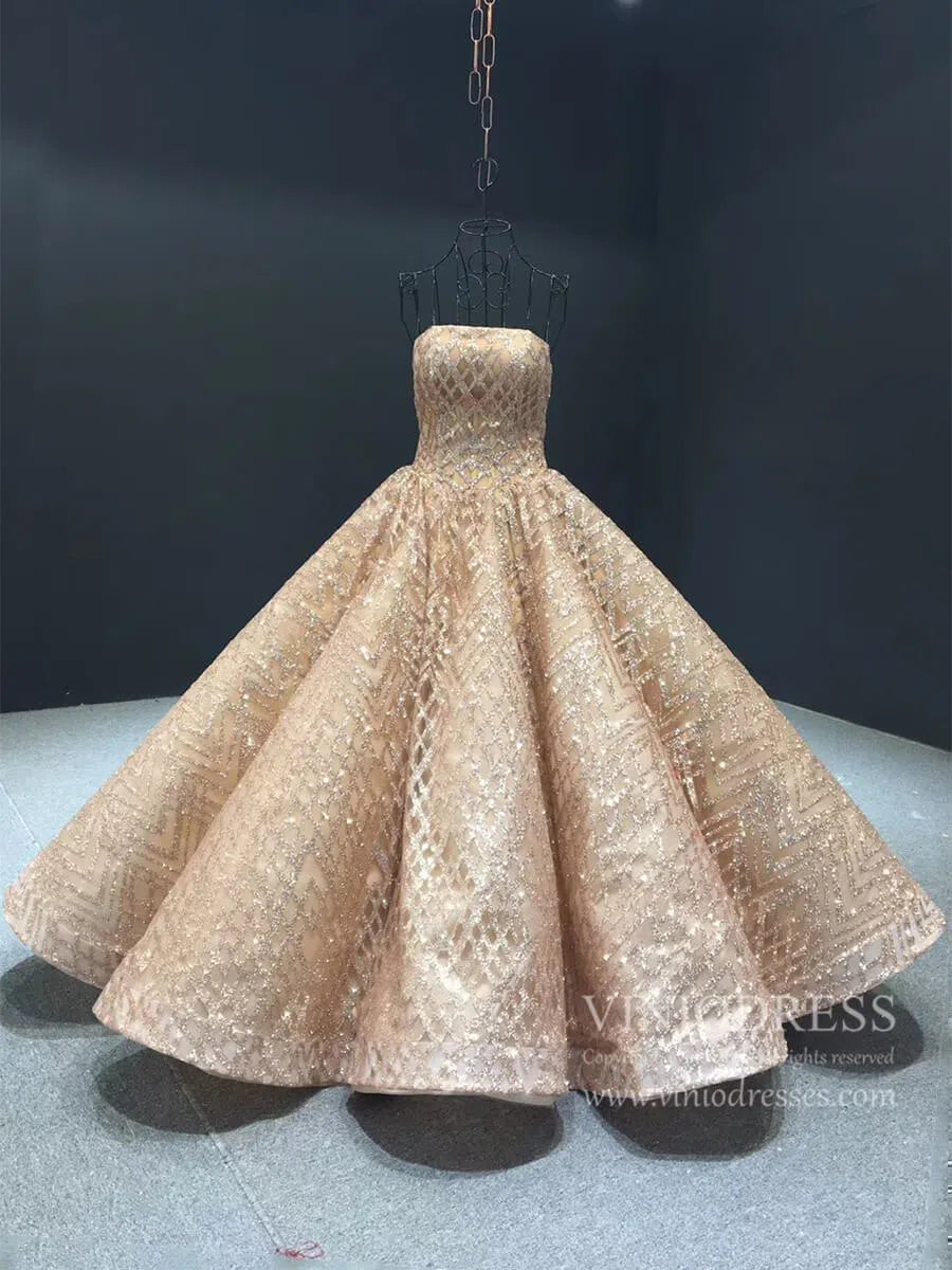 Sparkling Gold Ball Gown Prom Dresses Off Shoulder Quinceañera Dress viniodress-prom dresses-Viniodress-Strapless-Rose Gold-US 2-Viniodress