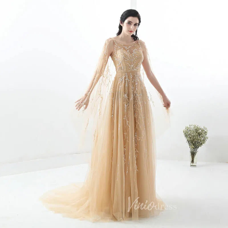 Sparkling Gold Beaded Prom Dresses with Cape Vintage Evening Dress FD1426-prom dresses-Viniodress-Viniodress