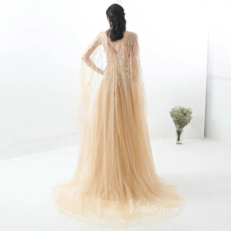 Sparkling Gold Beaded Prom Dresses with Cape Vintage Evening Dress FD1426-prom dresses-Viniodress-Viniodress