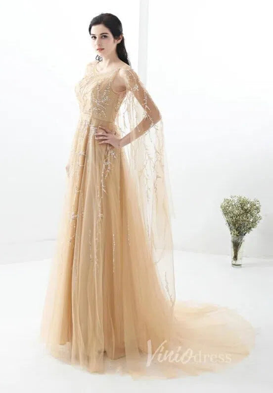 Sparkling Gold Beaded Prom Dresses with Cape Vintage Evening Dress FD1426-prom dresses-Viniodress-Viniodress