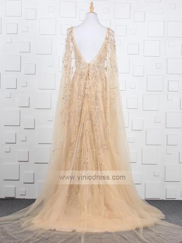 Sparkling Gold Beaded Prom Dresses with Cape Vintage Evening Dress FD1426-prom dresses-Viniodress-Viniodress