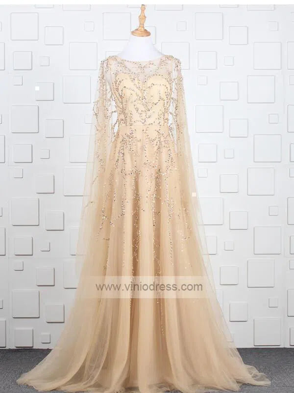 Sparkling Gold Beaded Prom Dresses with Cape Vintage Evening Dress FD1426-prom dresses-Viniodress-Gold-Custom Size-Viniodress