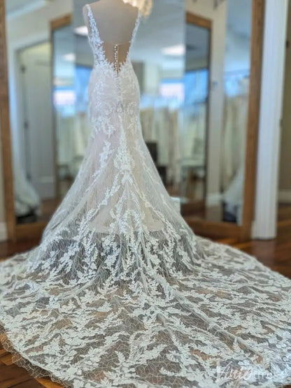Sparkling Lace Fit and Flare Wedding Dress with Illusion Back and Royal Train – VW2544-wedding dresses 2025 -Viniodress-Ivory-Custom Size-