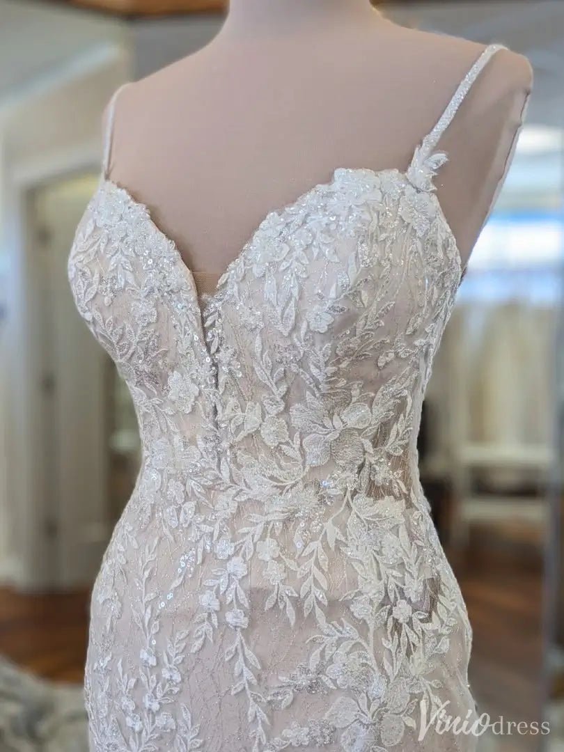 Sparkling Lace Fit and Flare Wedding Dress with Illusion Back and Royal Train – VW2544-wedding dresses 2025 -Viniodress-Ivory-Custom Size-