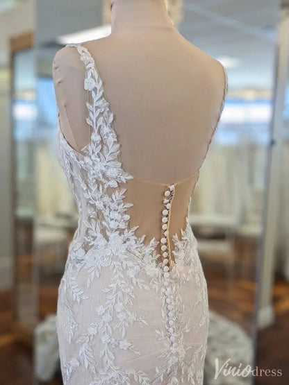 Sparkling Lace Fit and Flare Wedding Dress with Illusion Back and Royal Train – VW2544-wedding dresses 2025 -Viniodress-Ivory-Custom Size-