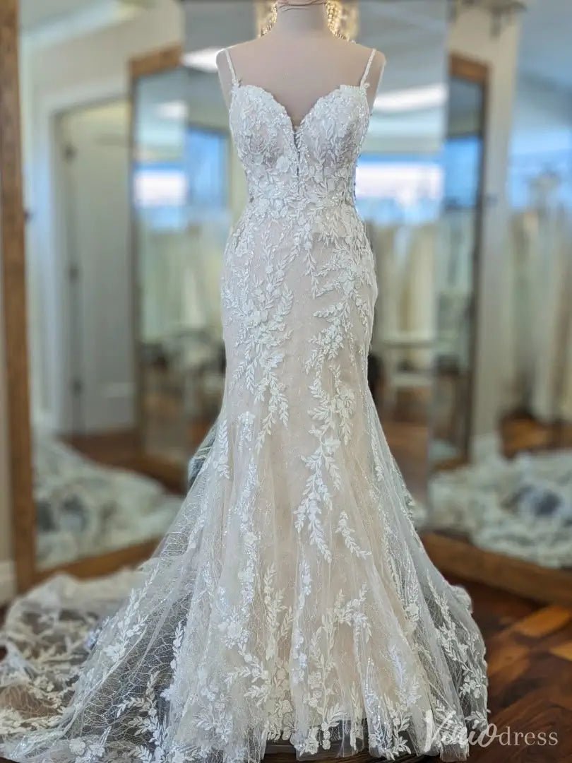 Sparkling Lace Fit and Flare Wedding Dress with Illusion Back and Royal Train – VW2544-wedding dresses 2025 -Viniodress-Ivory-Custom Size-