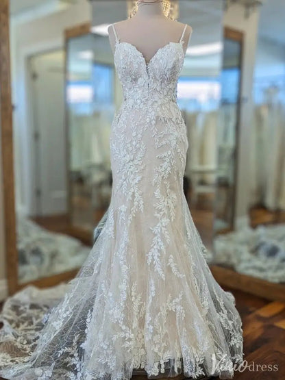 Sparkling Lace Fit and Flare Wedding Dress with Illusion Back and Royal Train – VW2544-wedding dresses 2025 -Viniodress-Ivory-Custom Size-