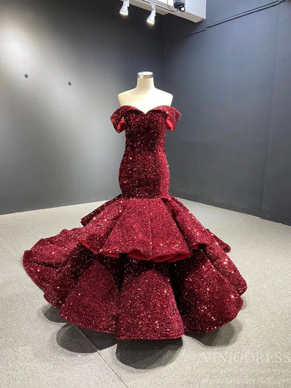 Sparkling Sequin Mermaid Prom Dresses Emerald Green Trumpet Dress 66886-prom dresses 2025 -Viniodress-Burgundy-Custom Size-