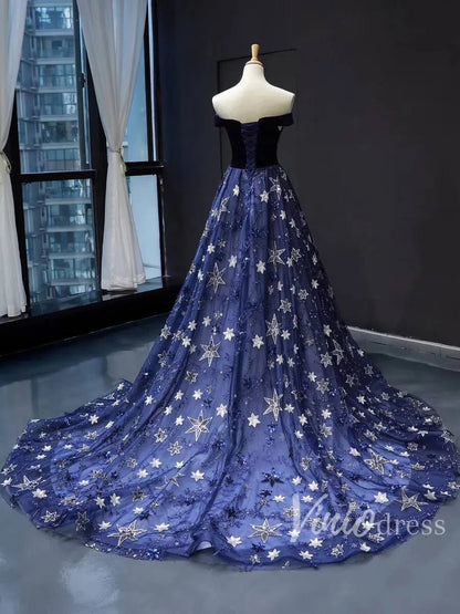 Sparkling Star Lace Long Prom Dresses Off Shoulder Ball Gowns FD1279 viniodress-prom dresses 2025 -Viniodress-Navy Blue-US 2-