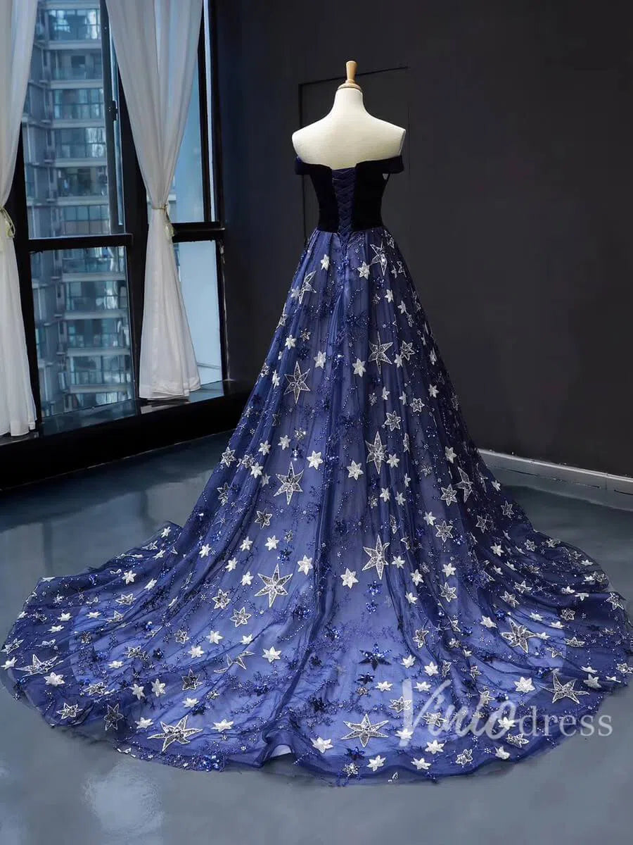 Prom Dress 2025 Sparkling Star Lace Long Prom Dresses Off Shoulder Ball Gowns FD1279 viniodress-unique prom dresses-Navy Blue-US 2-Viniodress