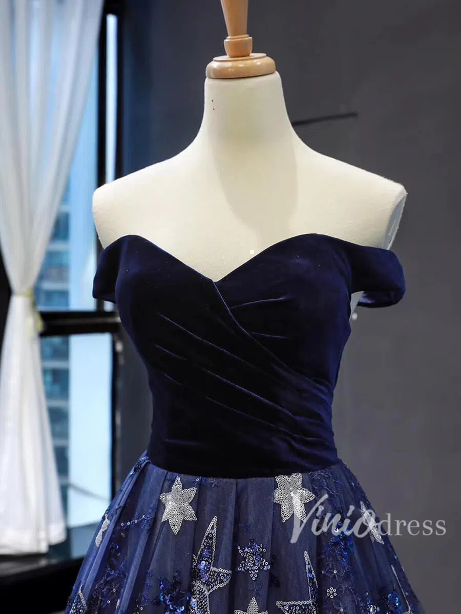 Prom Dress 2025 Sparkling Star Lace Long Prom Dresses Off Shoulder Ball Gowns FD1279 viniodress-unique prom dresses-Navy Blue-US 2-Viniodress