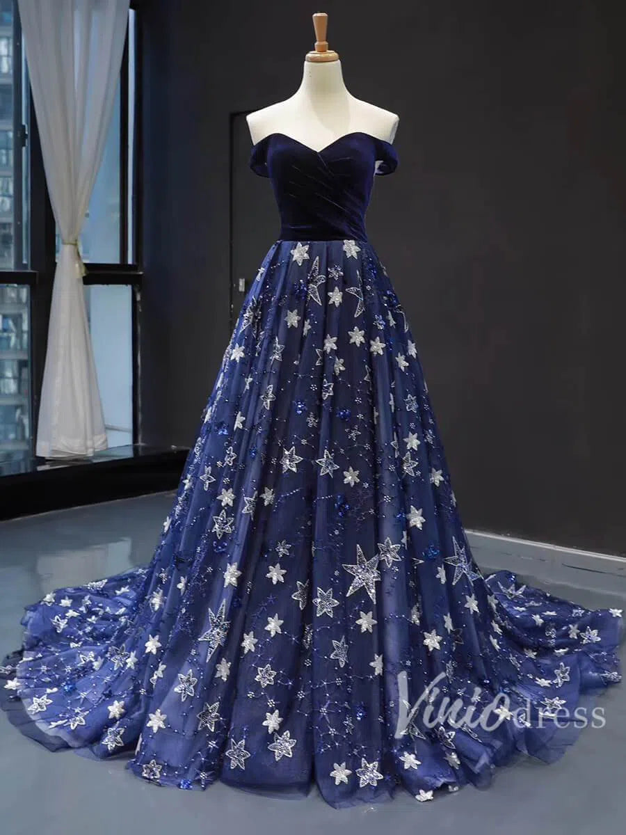 Prom Dress 2025 Sparkling Star Lace Long Prom Dresses Off Shoulder Ball Gowns FD1279 viniodress-unique prom dresses-Navy Blue-US 2-Viniodress