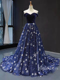 Sparkling Star Lace Long Prom Dresses Off Shoulder Ball Gowns FD1279 viniodress-prom dresses-Viniodress-Navy Blue-US 2-Viniodress