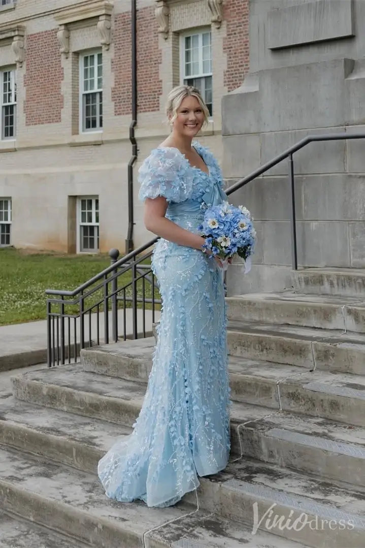 Sparkly 3D Floral Lace Sheath Prom Dress with Puff Sleeves, Satin Bow, Sweetheart Neck – SS106-prom dresses 2025 -Viniodress-Light Blue-Custom Size-