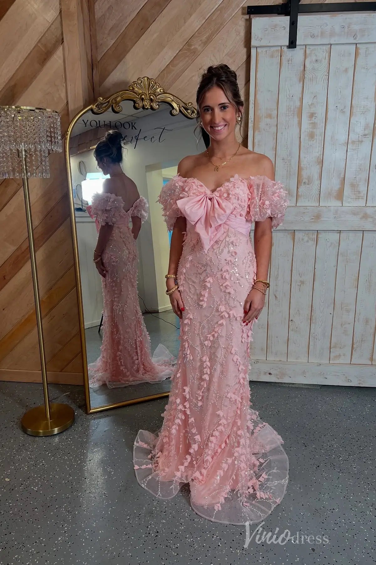 Sparkly 3D Floral Lace Sheath Prom Dress with Puff Sleeves, Satin Bow, Sweetheart Neck – SS106-prom dresses 2025 -Viniodress-Pink-Custom Size-