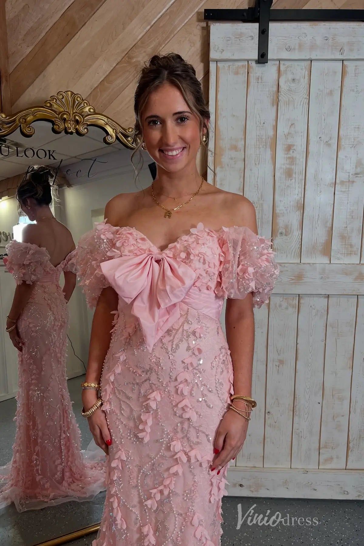 Sparkly 3D Floral Lace Sheath Prom Dress with Puff Sleeves, Satin Bow, Sweetheart Neck – SS106-prom dresses 2025 -Viniodress-Pink-Custom Size-