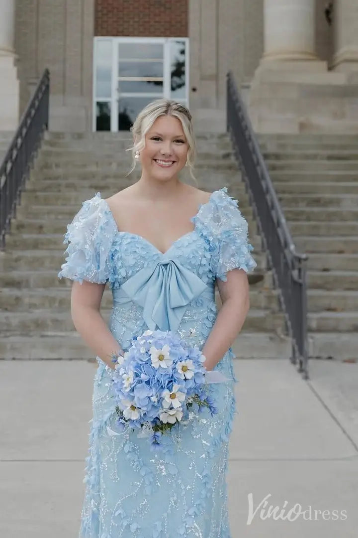 Sparkly 3D Floral Lace Sheath Prom Dress with Puff Sleeves, Satin Bow, Sweetheart Neck – SS106-prom dresses 2025 -Viniodress-Pink-Custom Size-