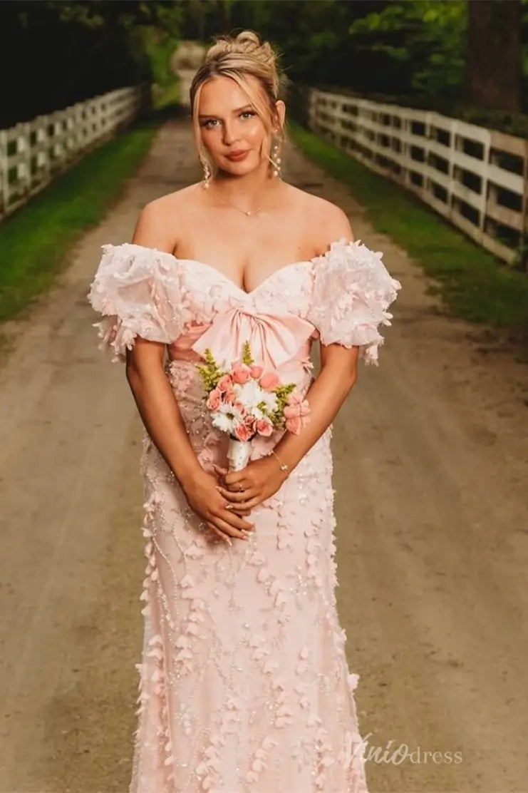 Sparkly 3D Floral Lace Sheath Prom Dress with Puff Sleeves, Satin Bow, Sweetheart Neck – SS106-prom dresses 2025 -Viniodress-Blush-Custom Size-