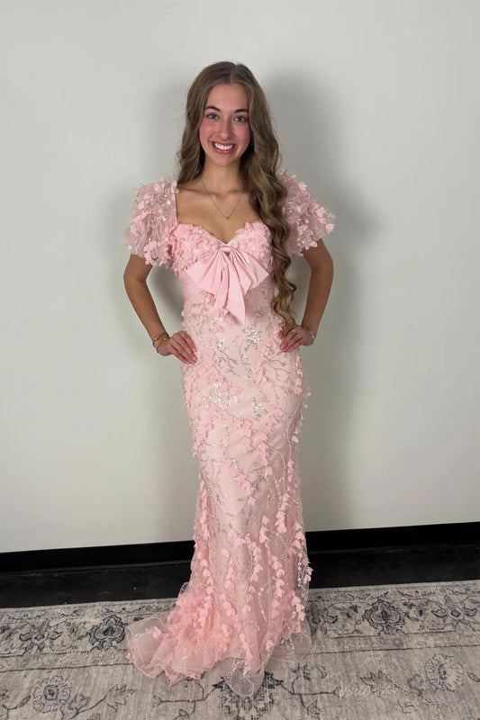 Sparkly 3D Floral Lace Sheath Prom Dress with Puff Sleeves, Satin Bow, Sweetheart Neck – SS106-prom dresses 2026-Viniodress-Pink-Custom Size-