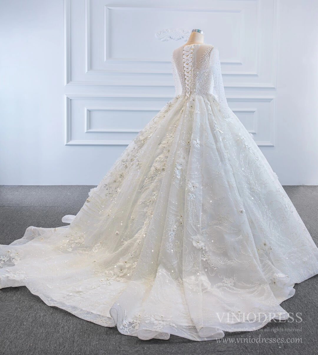 Sparkly 3D Flower Princess Wedding Dresses with Sleeves 67183-wedding dresses 2025 -Viniodress-Ivory-Custom Size-