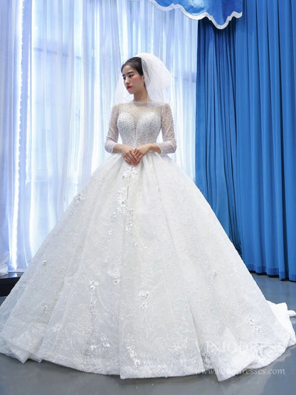 Sparkly 3D Flower Princess Wedding Dresses with Sleeves 67183-wedding dresses 2025 -Viniodress-Ivory-Custom Size-