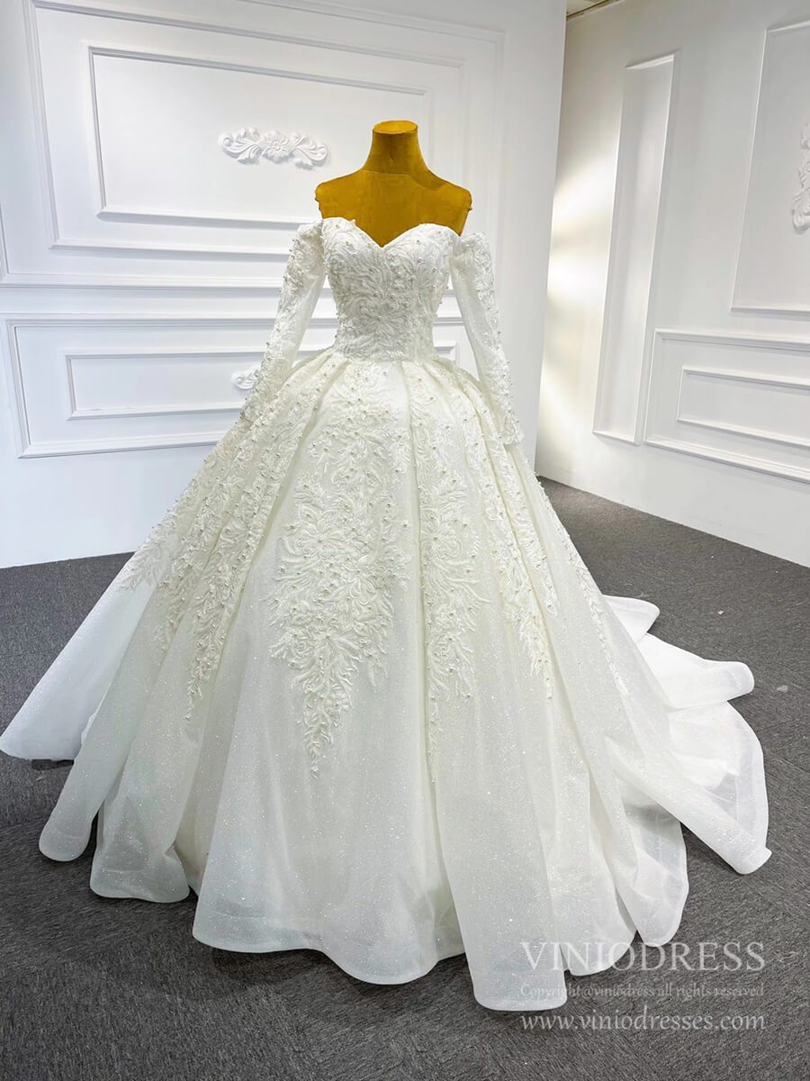 Sparkly Ball Gown Off the Shoulder Long Sleeve Wedding Dresses 67162D-wedding dresses 2025 -Viniodress-As Picture-Custom Size-