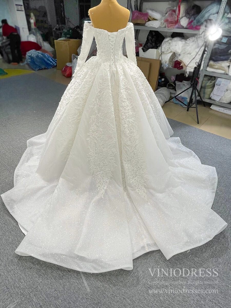 Sparkly Ball Gown Off the Shoulder Long Sleeve Wedding Dresses 67162D-wedding dresses 2025 -Viniodress-As Picture-Custom Size-