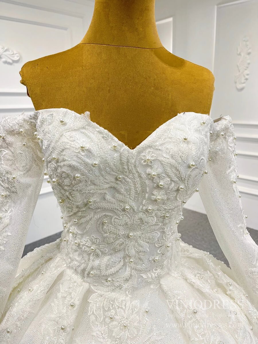 Sparkly Ball Gown Off the Shoulder Long Sleeve Wedding Dresses 67162D-wedding dresses 2025 -Viniodress-As Picture-Custom Size-