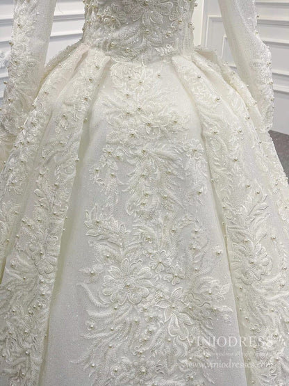 Sparkly Ball Gown Off the Shoulder Long Sleeve Wedding Dresses 67162D-wedding dresses 2025 -Viniodress-As Picture-Custom Size-