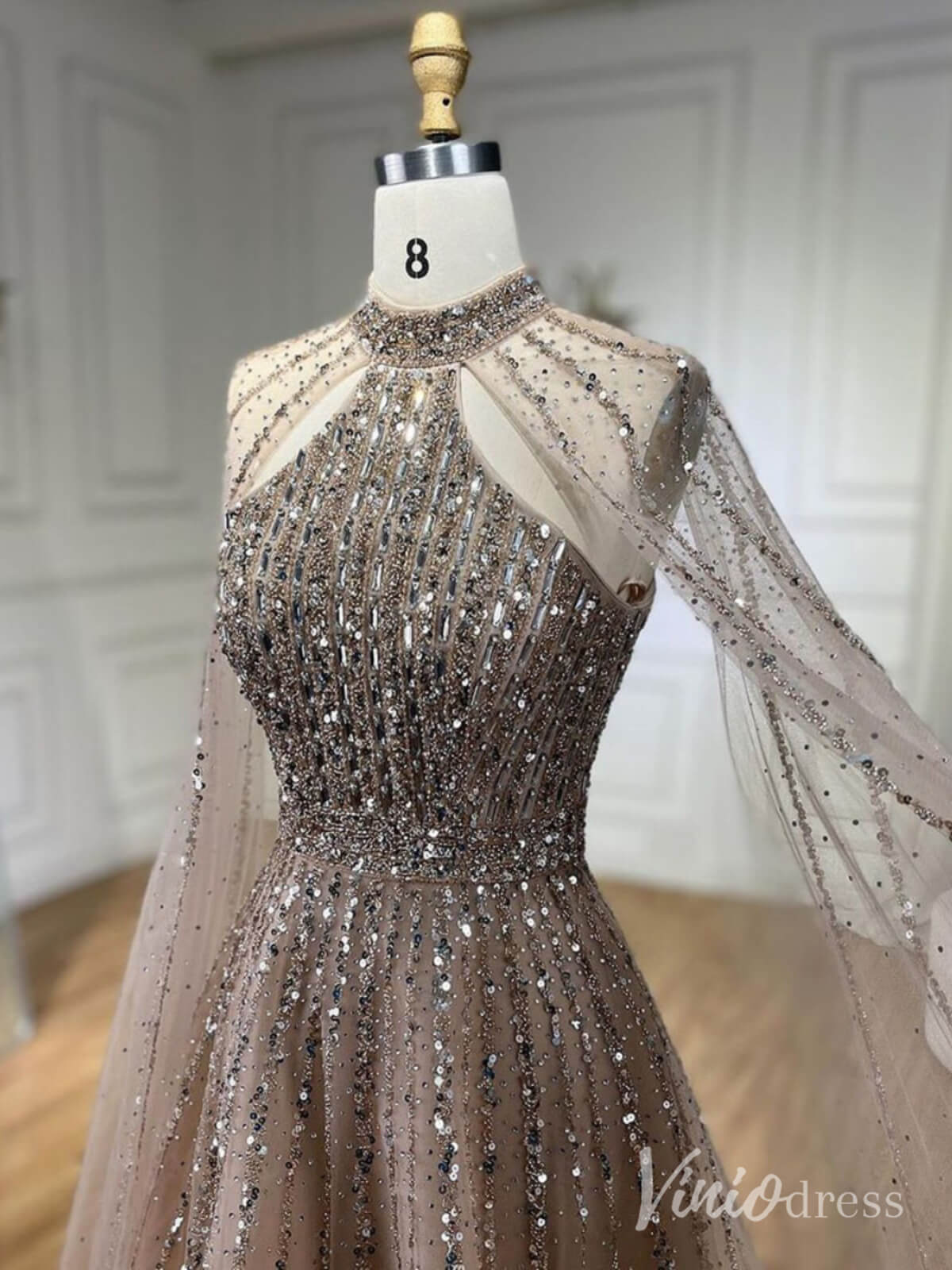 Sparkly Beaded Cape Sleeve Prom Dresses High Neck Pageant Dress AD1252-Evening Dresses 2025 -Viniodress-Red-US 2-