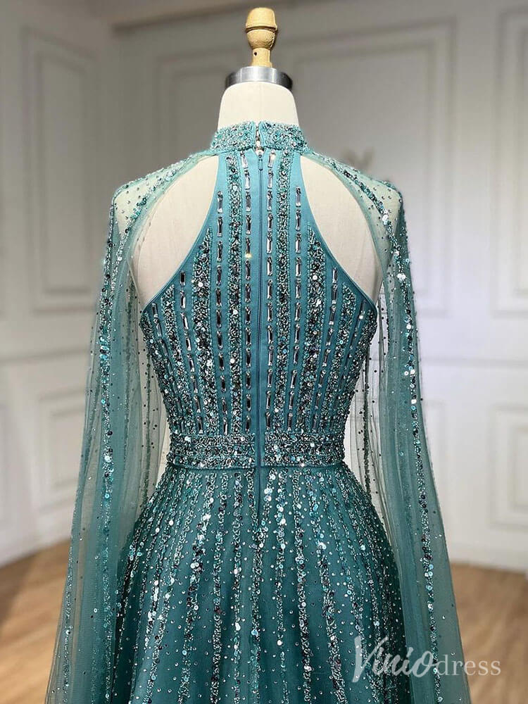 Sparkly Beaded Cape Sleeve Prom Dresses High Neck Pageant Dress AD1252-Evening Dresses 2025 -Viniodress-Red-US 2-