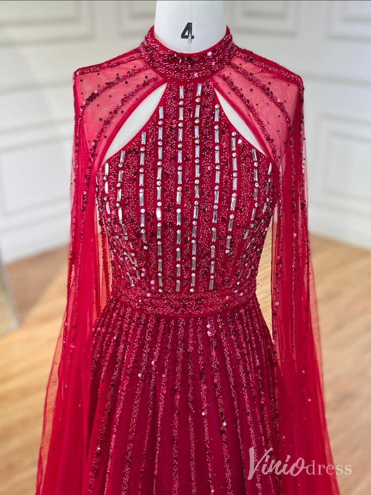 Sparkly Beaded Cape Sleeve Prom Dresses High Neck Pageant Dress AD1252-Evening Dresses 2025 -Viniodress-Red-US 2-