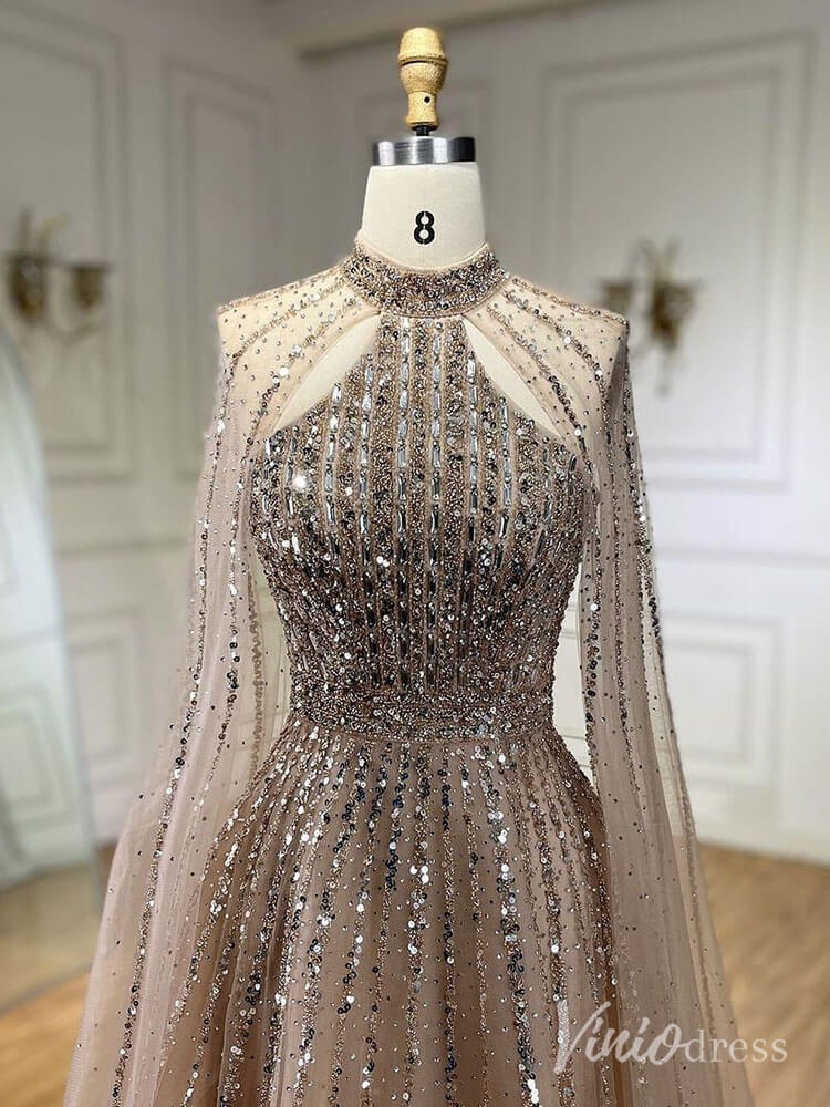 Sparkly Beaded Cape Sleeve Prom Dresses High Neck Pageant Dress AD1252-Evening Dresses 2025 -Viniodress-Red-US 2-