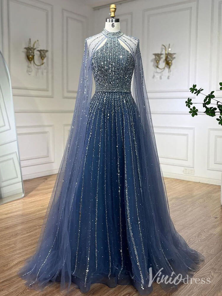 Sparkly Beaded Cape Sleeve Prom Dresses High Neck Pageant Dress AD1252-Evening Dresses 2025 -Viniodress-Blue-US 2-