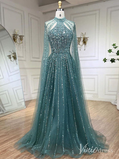 Sparkly Beaded Cape Sleeve Prom Dresses High Neck Pageant Dress AD1252-Evening Dresses 2025 -Viniodress-Green-US 2-