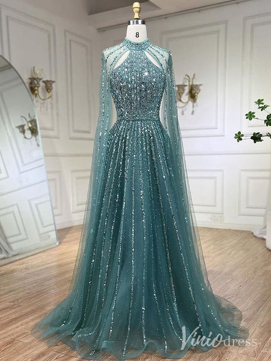 Sparkly Beaded Cape Sleeve Prom Dresses High Neck Pageant Dress AD1252-Evening Dresses 2025 -Viniodress-Green-US 2-