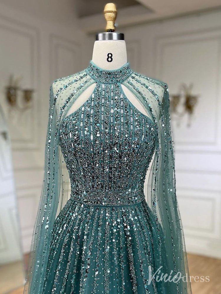 Sparkly Beaded Cape Sleeve Prom Dresses High Neck Pageant Dress AD1252-Evening Dresses 2025 -Viniodress-Red-US 2-