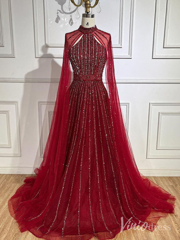 Sparkly Beaded Cape Sleeve Prom Dresses High Neck Pageant Dress AD1252-Evening Dresses 2025 -Viniodress-Red-US 2-