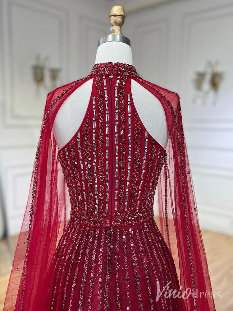 Sparkly Beaded Cape Sleeve Prom Dresses High Neck Pageant Dress AD1252-Evening Dresses 2025 -Viniodress-Red-US 2-