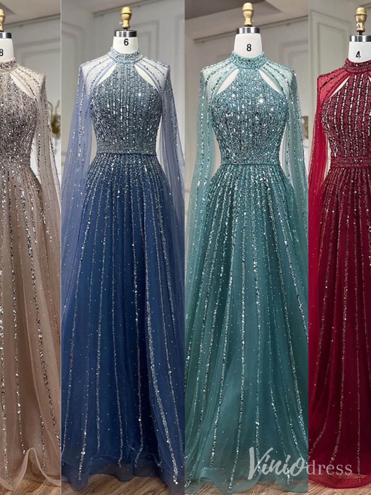 Sparkly Beaded Cape Sleeve Prom Dresses High Neck Pageant Dress AD1252-Evening Dresses 2025 -Viniodress-Red-US 2-