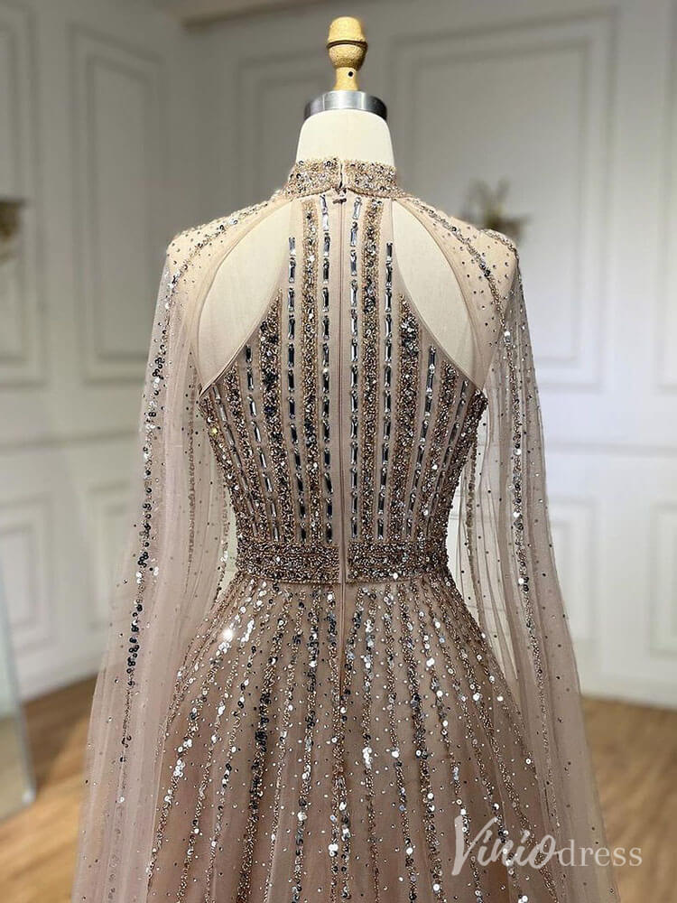 Sparkly Beaded Cape Sleeve Prom Dresses High Neck Pageant Dress AD1252 - ViniodressEvening DressesKhakiUS 2 - Formal Dresses - Ball Gowns